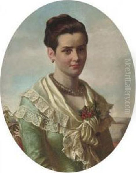 Portrait Of A Young Lady, 
Bust-length, In A Blue Dress And A White Lace Shawl Decorated With 
Berries - view 1