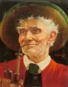 2004- Portrait Of A Man Head And Shoulders In A Hat Smoking A Pipe by Erwin Eichinger