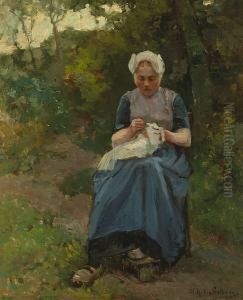 A Young Woman Sewing In A Garden by Willem Hendrik Eickelberg