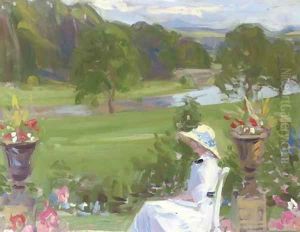 Jean Cadell at Dalserf, seated in a white dress by Francis Campbell Boileau Cadell