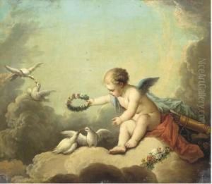 Cupid Playing With Doves Among The Clouds