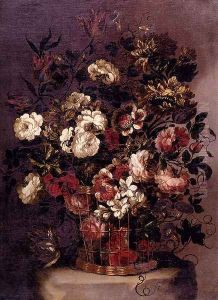 Still Life Of Flowers In A Woven Basket 2 by Gabriel De La Corte