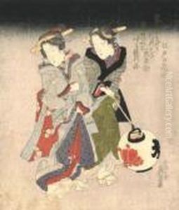 Deux Geisha, La Nuit, Se Promenent Avec Une Lanterne En Tenant Les Pans De Leurs Kimono. by Keisai Eisen