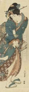 A Bijin In A Blue Kimono. Kakemono-e. Framed. by Keisai Eisen