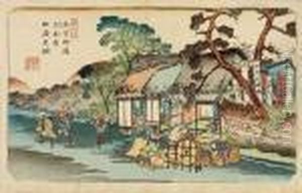 Oban Yoko-e De La Serie
"kisokaido Rokuju Tsugi", Les 69 Stations Du Kisokaido, Planche "aego"
(station No. 6). - view 1