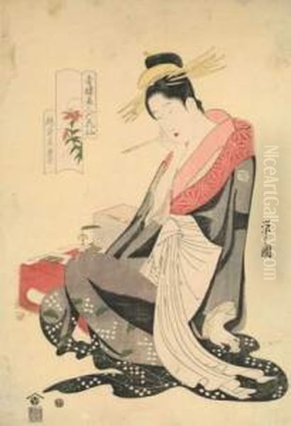 La Courtisane Morokoshi De La
Maison Echizenya Assise Tenant Un Pinceau Et Composant Un Poeme. - view 1