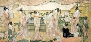 Jeunes Femmes Se Promenant Sur Une Terrasse Fleurie De Pivoines. by Chobunsai Eishi