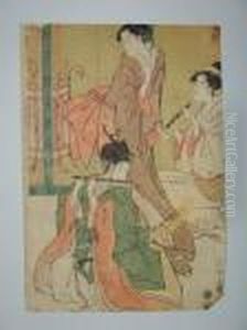 Deux Dames Jouent De La Flute Devant Yoshitsune by Chobunsai Eishi