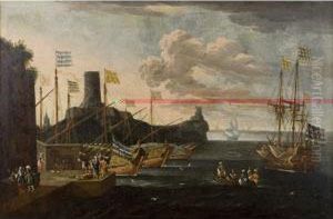 Veduta Marina Con Porto Fortificato E Galeoni All'approdo by Johann Eismann
