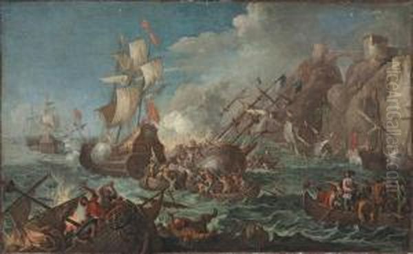 A Sea Battle With Men Boarding A Floundering Man-of-war Near A Clifftop Fortress - view 1