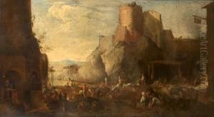 A Village Street With Figures Taking Goods To Market by Johann Eismann