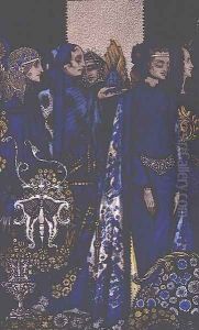 "Etain, Helen, Maeve and Fand, Golden Deirdre's Tender Hand" by Harry Clarke