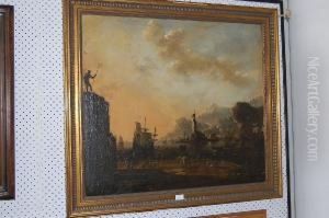 A Mediterranean Harbour Scenewith Moored Shipping And Ruined Lighthouse by Johann Eismann