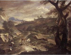 An Italianate Landscape With Drovers And Their Animals Beside A Road by Johann Eismann