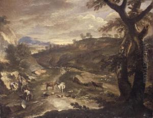 Italian Landscape With Drovers And Their Animals Beside A Road by Johann Eismann