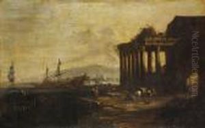 A Mediterranean Harbour With Moored Shipping With Figures On A Quayside by Johann Eismann