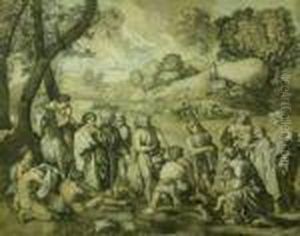 A Rockyitalianate Landscape With Christ On The Road To Emmaus by Johann Eismann