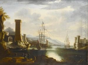 A Mediterranean Harbour With 
Moored Shipping, A Fortress Beyond And Stevedores On A Bank In The 
Foreground