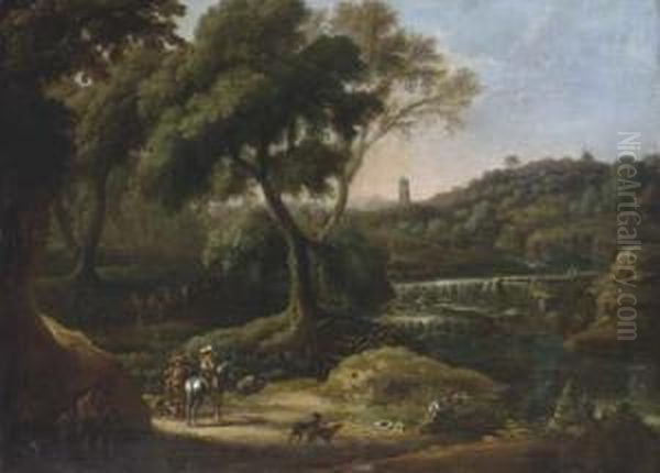 An Extensive Landscape With A Waterfall And Figures Shooting With Dogs And Horses - view 1
