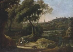 An Extensive Landscape With A Waterfall And Figures Shooting With Dogs And Horses