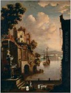 A Capriccio Harbour Scene With A Castle In The Distance by Johann Eismann