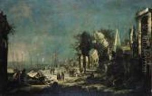 Marina Mediterranea Con Astanti Vari E Un Capriccio Di Rovine Classiche