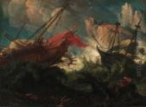A Galley And A Man-'o-war In Stormy Seas Off A Rockycoastline