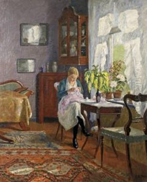 Madchen Bei Der Handarbeit Im Sonnigen Stubeninterieur - view 1