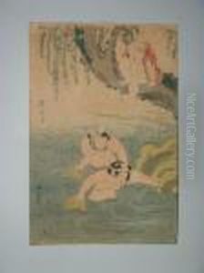Trois Garcons Jouent Dans Une Riviere by Kikukawa Eizan
