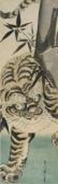 Kakemono-e, A Large Tiger Before Bamboo, Signed, Mounted. - view 1