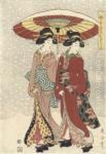 A Design Of Two Beauties In The Snow by Kikukawa Eizan
