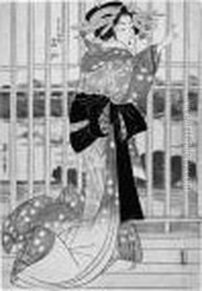 Oban
. Linkes Blatt Eines Triptychons. Die Kurtisane Meizan Aus Dem Haus
Chojiya Steht Auf Einer Veranda Mit Einem Hohen Holzgitter. Im
Hintergrund Der Flus Sumida. Bez.: Eizan Hitsu. Verlag: Izumiya Ichibei.
1813.
Cf. Eiko Kondo, Il Mondo Di Eiz - view 1