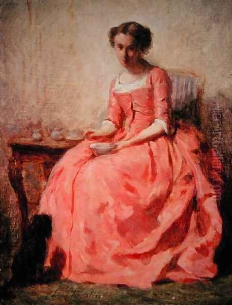Girl in a pink dress at a table - view 1