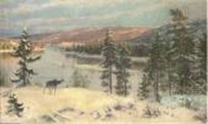 An Elk In A Winter Landscape by H. Knut Ekwall