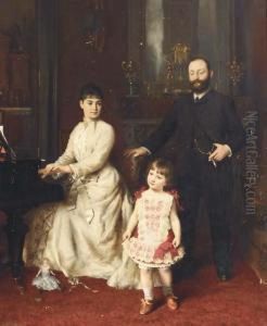 Portrait Of A Gentleman And His Wife With Their Young Child In Aninterior by H. Knut Ekwall