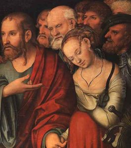 Christ And The Fallen Woman (detail) by Lucas The Younger Cranach