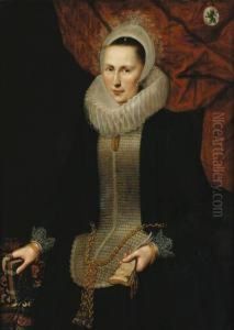 Portrait Of A Lady, 
Three-quarter-length, In A Black Dress With Anembroidered Stomacher And A
 Ruff, Holding A Book And A Glove At Atable