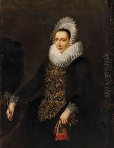 Portrait Of A Lady, Standing
Three-quarter Length, Beside A Table,wearing A Gold-embroidered Dress
With A Wheel-ruff Collar Andholding An Ostrich Feather Fan And A Pair Of
Gloves - view 1