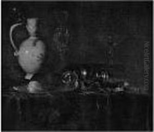 A Wan-li Kraak Porcelain Jug, A
Facon De Venise, A Wine Glass, An Overturned Pewter Tankard And Fruit On
A Pewter Plate, All On A Draped Table by Ottmar The Elder Elliger