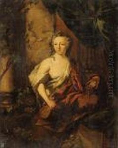 A Woman, En Deshabill, Holding A
 Carafe And A Goblet, Sitting On Apartially Draped Balcony