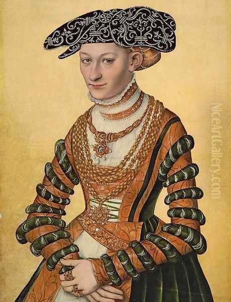 Portrait of a lady, three-quarter-length, in a green velvet and orange dress and a pearl-embroidered black hat - view 1