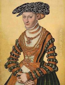 Portrait of a lady, three-quarter-length, in a green velvet and orange dress and a pearl-embroidered black hat by Lucas The Younger Cranach