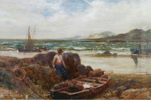 Beach Scene With Fisher Folk And Beached Fishing Boats