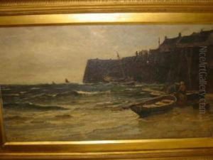 Harbour Scene With Fisherfolk And Beached Boats In The Foreground