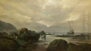 Rocky Coastal View With Fisherfolk On A Beach With Their Boat