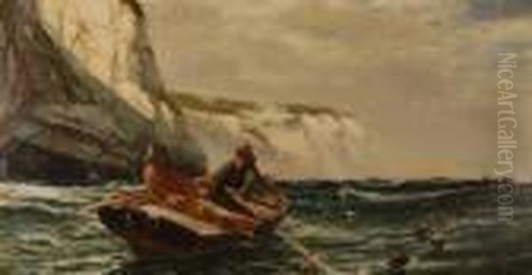 Fishermen Ina Rowing Boat Passing The Cliffs - view 1