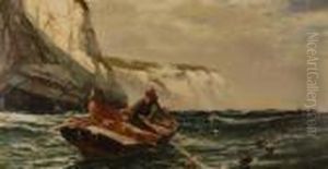 Fishermen Ina Rowing Boat Passing The Cliffs