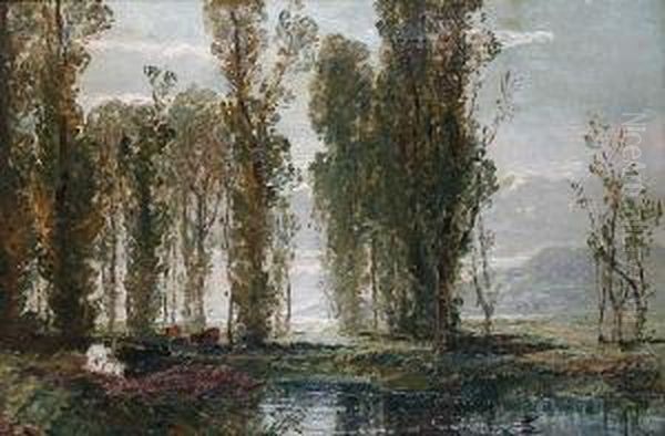 Landscape With Cattle By A Stream Beforepoplar Trees - view 1