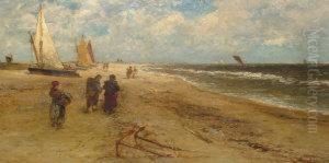Fisherfolk And Beached Sailing Vessels On A Coast