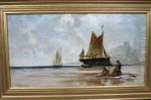 Low Tide, With Fishing Boats And Figures, Castle Beyond - view 1